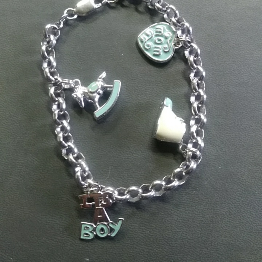 Sterling silver blue green enameled charm braclet new mom its a boy